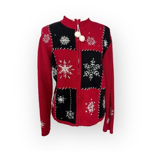 Vintage Sweaters - Vintage Tiara International Red Holiday Sweater Tacky Christmas Cardigan Festive